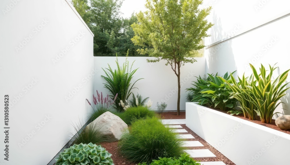 Fototapeta premium Tranquil Modern Garden with Lush Greens and Minimalist Design Elements