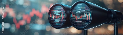 Futuristic binoculars displaying digital data and charts for business analysis.