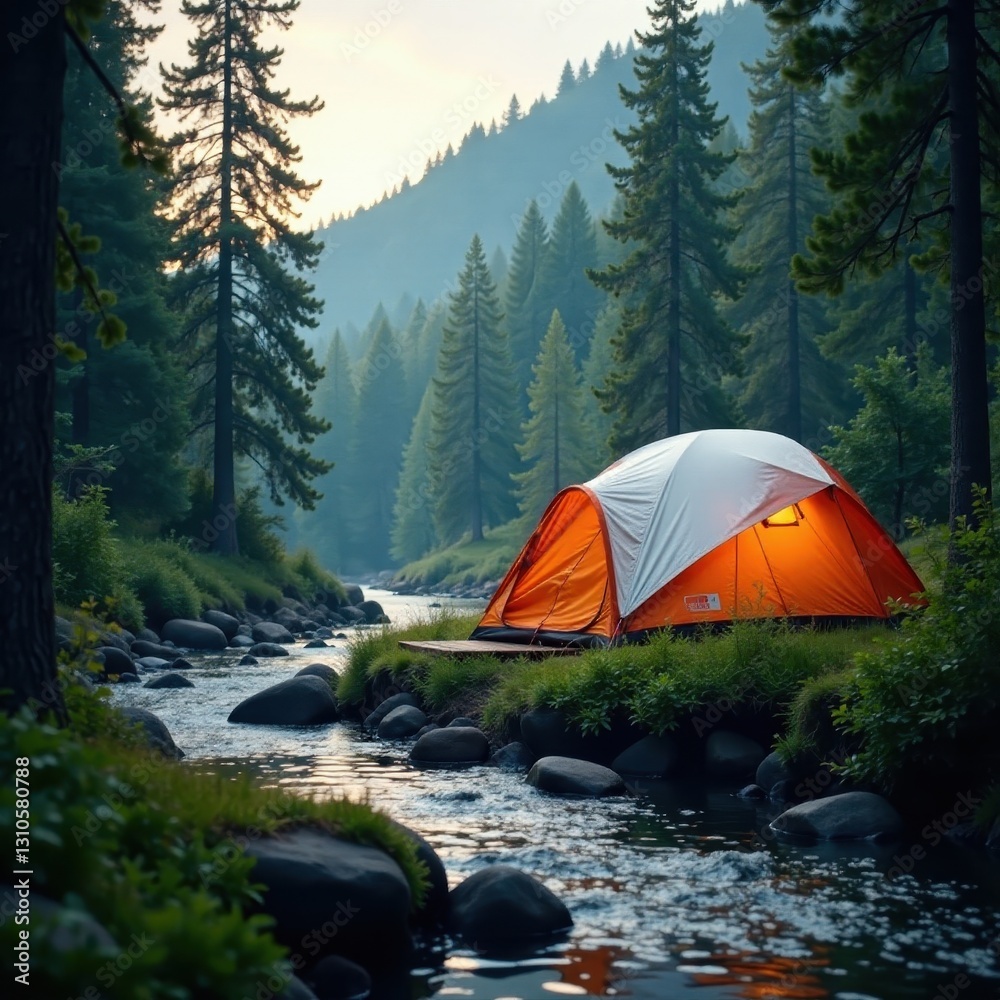 Modern dome tent nestled amongst towering trees near a flowing river , canvas, forest Modern dome tent nestled amongst towering trees near a flowing river , canvas, forest