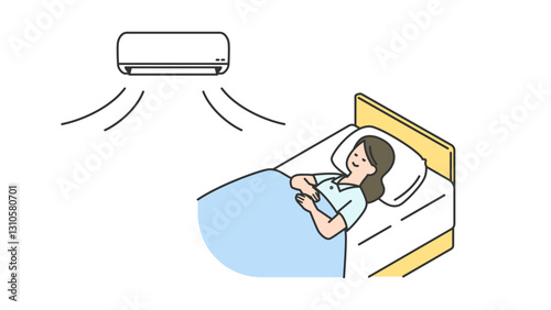 睡眠：空調付きでベッドで眠る女性