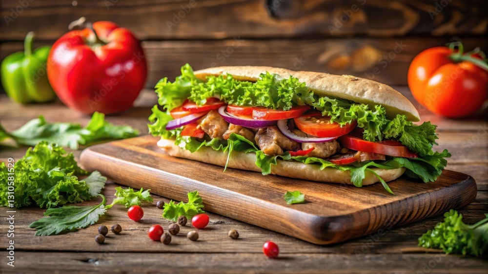 Tasty kebab sandwich placed on a wooden cutting board with fresh vegetables and herbs around it , vegetables, food Tasty kebab sandwich placed on a wooden cutting board with fresh vegetables and herbs around it , vegetables, food