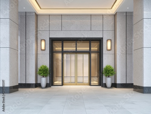Modern entrance of a stylish building with elegant design and lush potted plants.