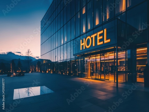 Modern hotel building exterior with illuminated signage at dusk, showcasing contemporary design.