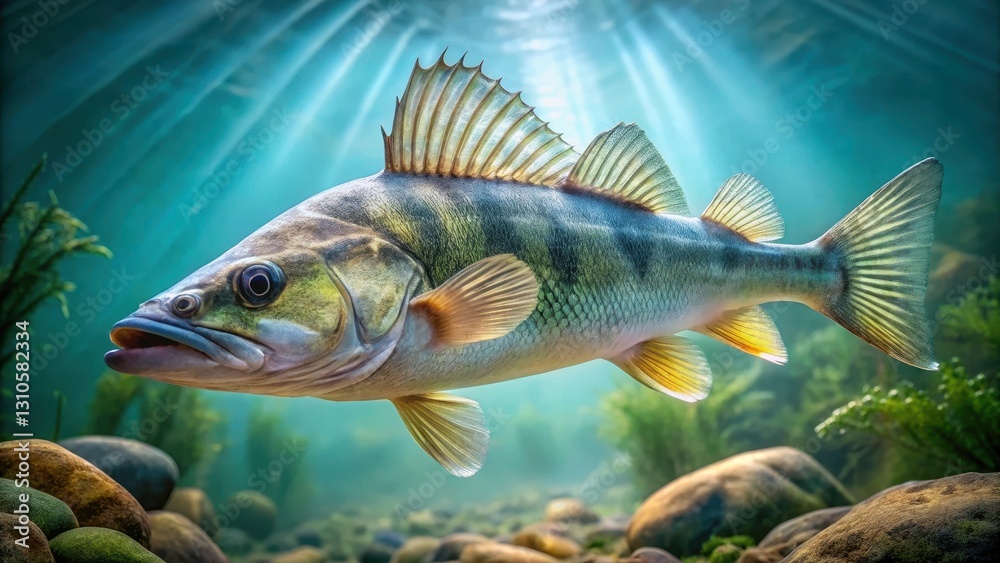 Fish swimming in clear water, Pikeperch fish at center with visible scales and fins, aquatic life Fish swimming in clear water, Pikeperch fish at center with visible scales and fins, aquatic life