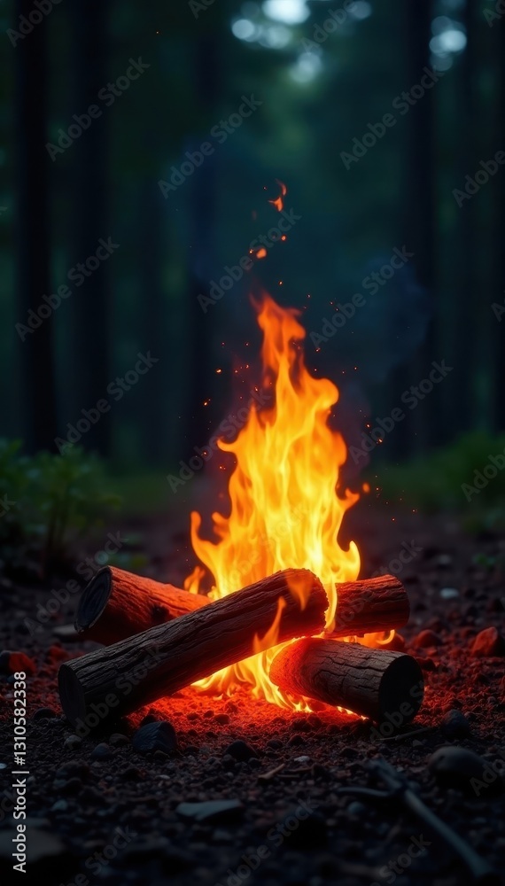 Bright bonfire blaze, crackling wood, dark forest backdrop , autumn, campfire, scenic Bright bonfire blaze, crackling wood, dark forest backdrop , autumn, campfire, scenic
