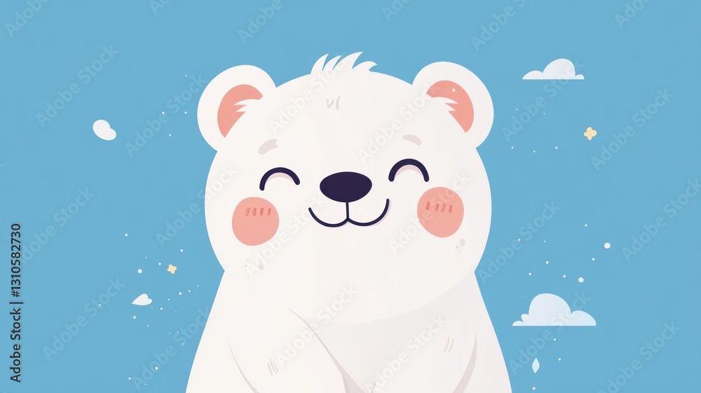 A cheerful illustrated polar bear smiling with some subtle background elements