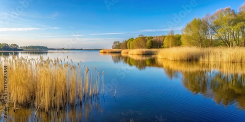 A serene lake shore with dense reed beds at Ruhiges Seeufer am Scharm?tzelsee in Brandenburg , landscape