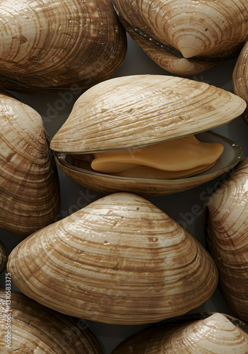 Close-up of fresh open clams with yellow meat and glossy shells