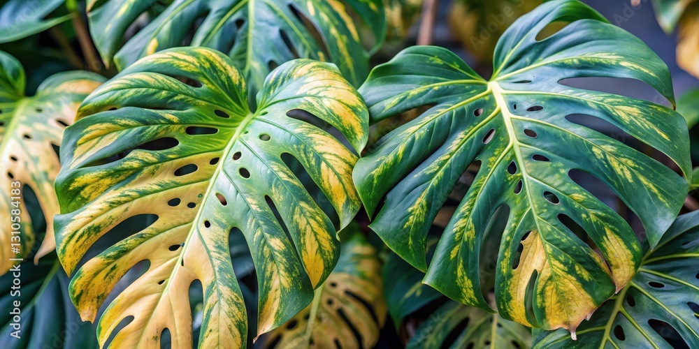 Obraz premium Overwatered Monstera deliciosa leaves with black spots and yellowing edges, highlighting the damage caused by excess moisture , greenery deterioration, overwatered monstera