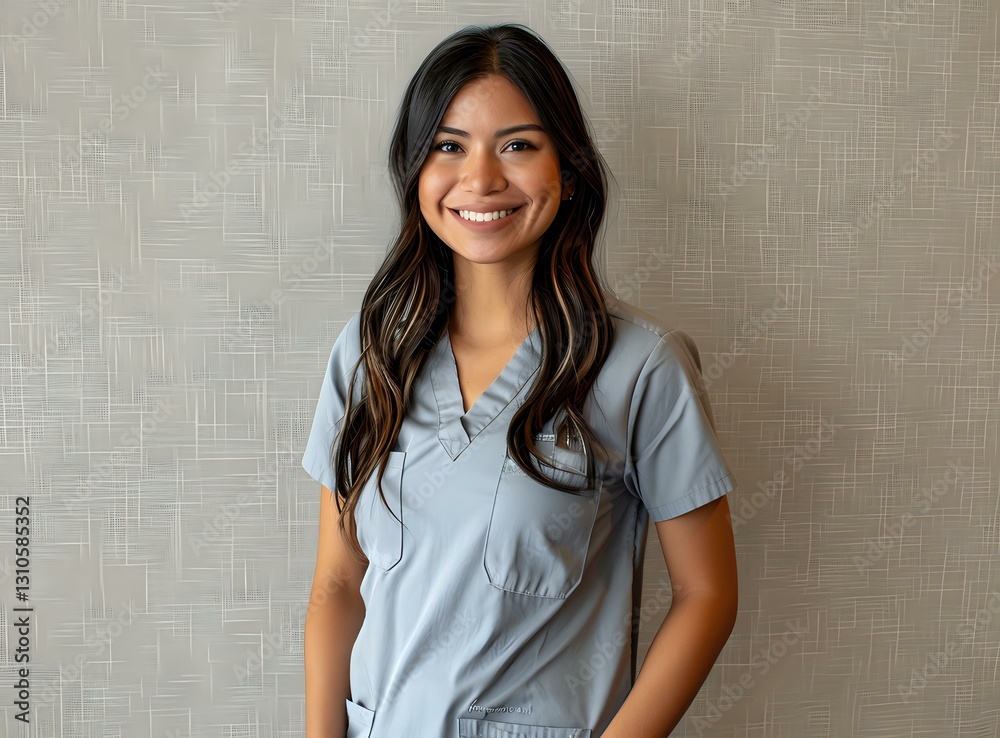Young Asian female healthcare worker in gray medical scrubs smiling warmly at camera against neutral textured wall background, representing wellness and medical care. Young Asian female healthcare worker in gray medical scrubs smiling warmly at camera against neutral textured wall background, representing wellness and medical care.