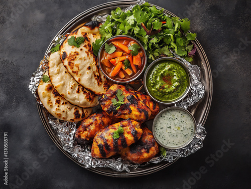 a silver plate with three small bowls of indian food,