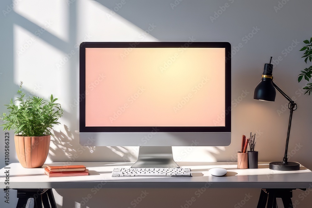 Fototapeta premium Modern Home Office Setup with Computer, Keyboard, Mouse, Lamp and Plants