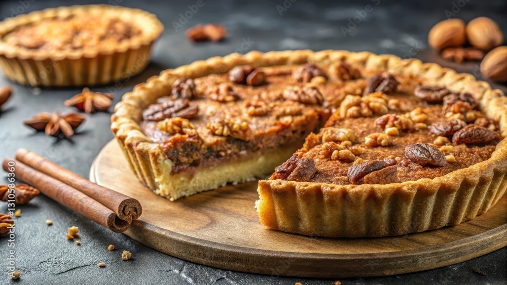 Crumbly edges of a rich walnut pie with a golden crust and a sprinkle of cinnamon on top, sweet treats Crumbly edges of a rich walnut pie with a golden crust and a sprinkle of cinnamon on top, sweet treats