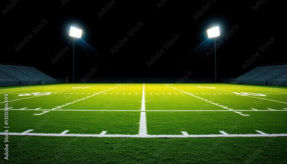 Fototapeta premium Illuminated Football Field Under Night Sky with Bright Floodlights