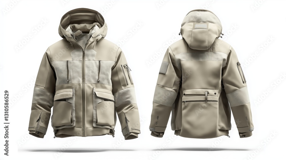 diffrent view (front and back) Beige, functional winter jacket with a hooded design diffrent view (front and back) Beige, functional winter jacket with a hooded design