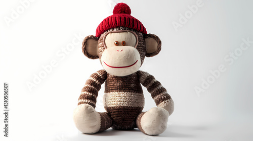 sock monkey plush toy, sitting upright on a pure white background