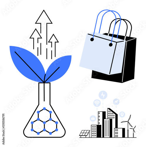 Laboratory flask with leaves and upward arrows, shopping bags, and cityscape with eco-friendly icons. Ideal for environmental innovation, green business, sustainable tech, eco-commerce, renewable