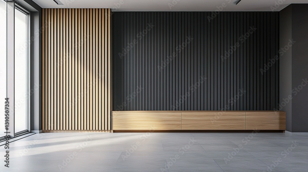 Modern Empty Room with Gray Slat Wall and Wood Accents Modern Empty Room with Gray Slat Wall and Wood Accents