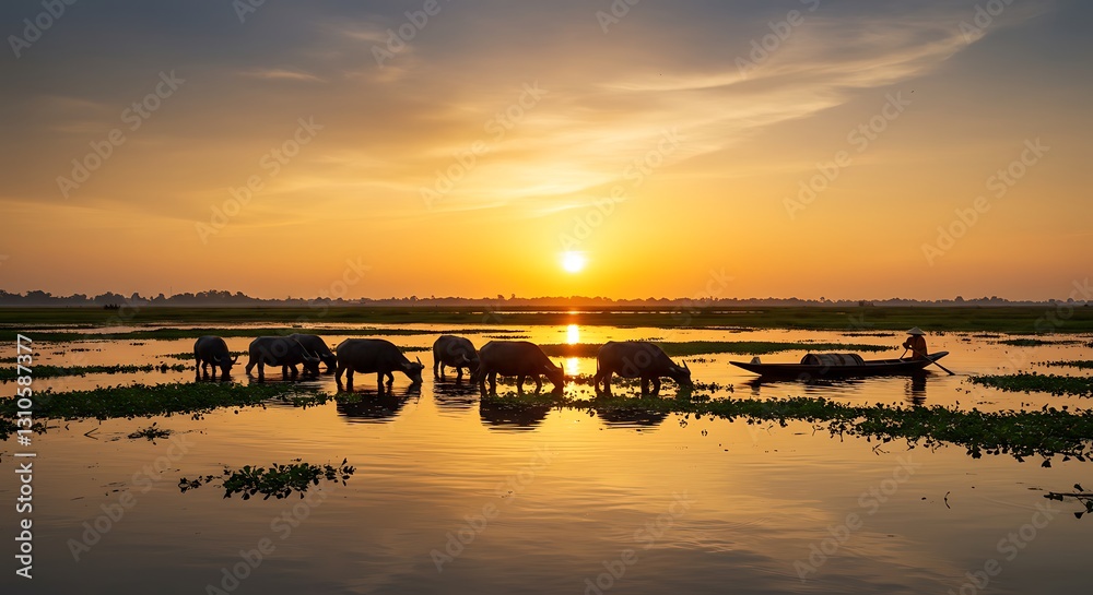 Fototapeta premium Water Buffalo Grazing in Lake at Sunrise with Fisherman in Boat