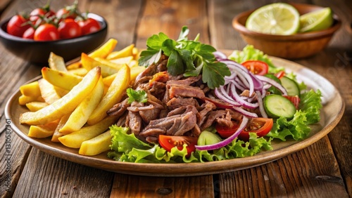 Delicious doner kebab sitting on a plate with crispy french fries and fresh mixed greens salad, garnished with lemon wedges and parsley, restaurant, meal