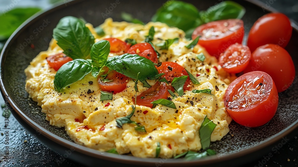 Delicious scrambled eggs with fresh tomatoes and basil on a dark plate. Delicious scrambled eggs with fresh tomatoes and basil on a dark plate.
