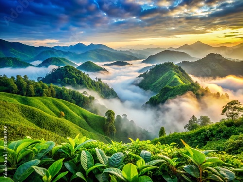 Lush Green Mountains, Mist-Shrouded Peaks, Serene Sky - Candid Nature Photography