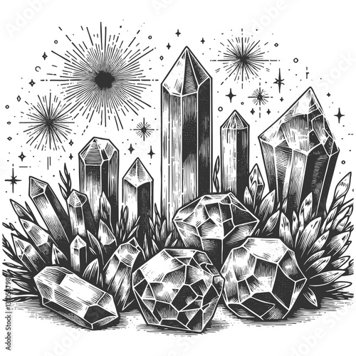 Crystal Cluster with Magical Sparkles vector