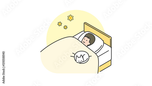 睡眠：猫と一緒にベッドで眠る男性