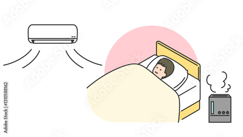 睡眠：加湿・空調付きでベッドで眠る男性