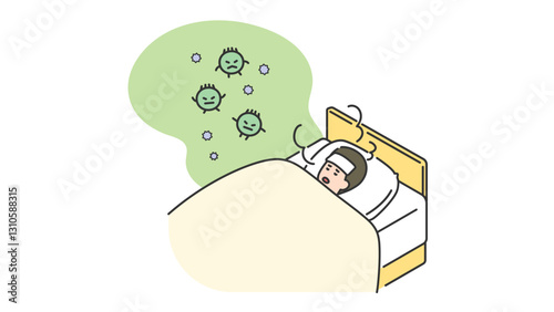 睡眠：病気で発熱して寝込む男性