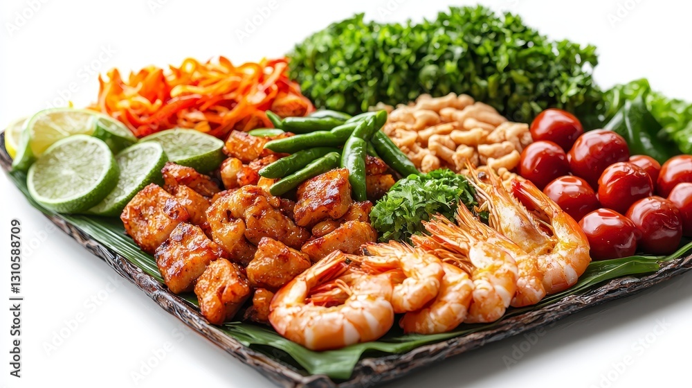 Exquisite plate of delicious thai cuisine showcasing vibrant colors and fresh ingredients isolated on white Exquisite plate of delicious thai cuisine showcasing vibrant colors and fresh ingredients isolated on white