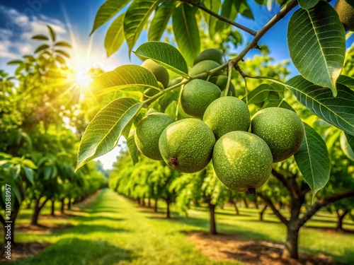 Lush Green Walnut Orchard Landscape - Unripe Walnuts Hanging on Branches