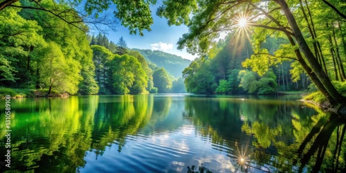Serene lake surrounded by dense green forest foliage and tall trees with sunlight filtering through leaves, trees, foliage, trees