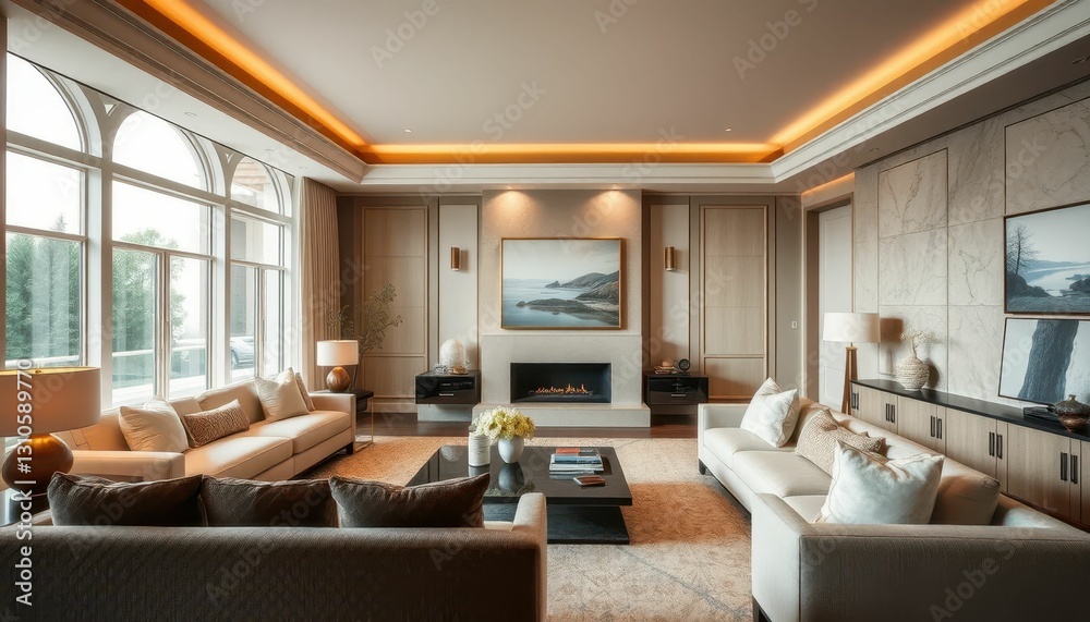 Fototapeta premium Elegant Modern Living Room with Cozy Seating and Large Windows