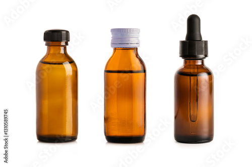 Amber glass bottles collection for cosmetic , medicine and essential oil isolated on white background.
