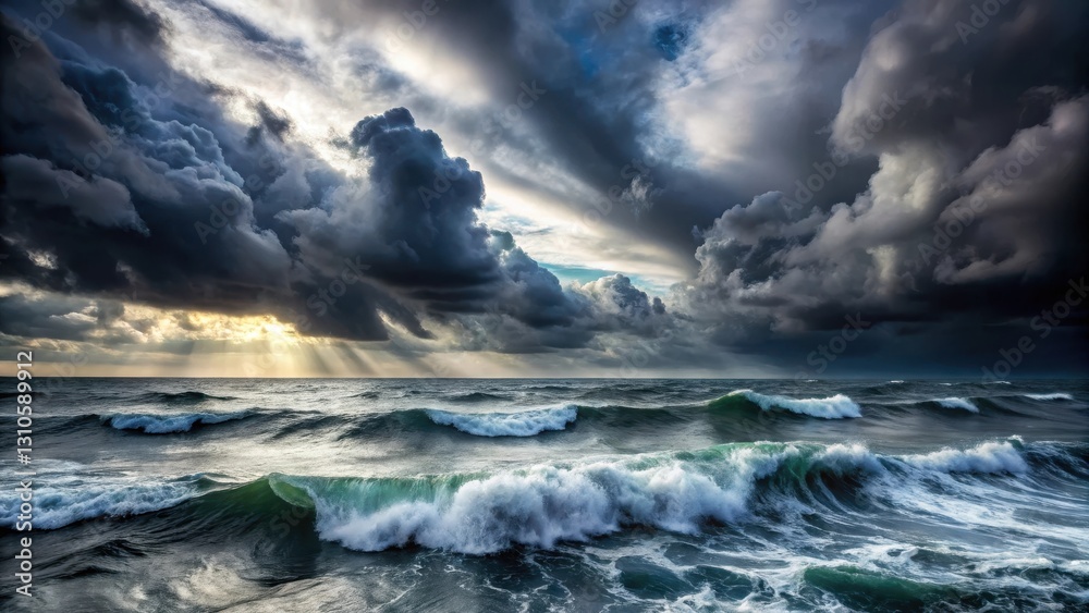 Dark grey storm clouds gather over the turbulent sea with rough waves and spray, creating a sense of foreboding and danger, ocean chaos, turbulent waves Dark grey storm clouds gather over the turbulent sea with rough waves and spray, creating a sense of foreboding and danger, ocean chaos, turbulent waves