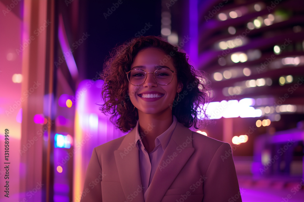 Obraz premium Young smiling business woman posing confidently, dressed in modern business clothes, against a backdrop of tech city with illuminated office building. Inovation, Startup, Bank, Fintech.
