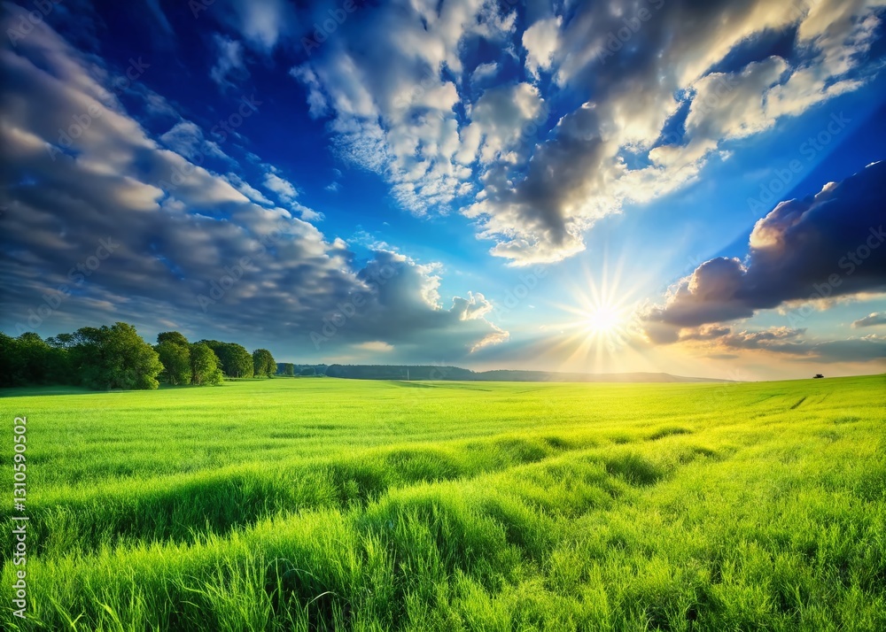 Lush Spring Green Grass Field, Sunny Summer Blue Sky - Pastoral Landscape Stock Photo Lush Spring Green Grass Field, Sunny Summer Blue Sky - Pastoral Landscape Stock Photo