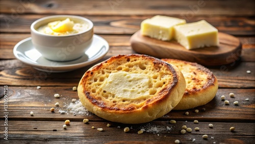 A slice of toasted English muffin on a wooden table with a pat of butter and a sprinkle of sea salt , dairy, kitchen,  dairy