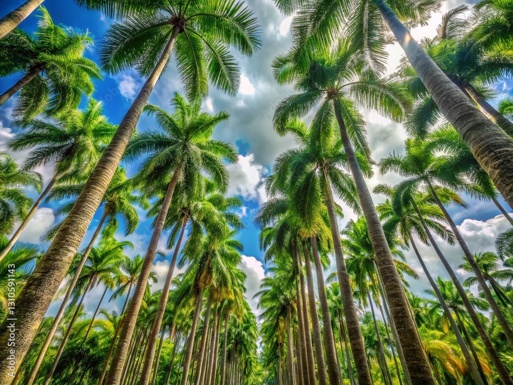 Fototapeta premium Lush Tropical Landscape with Tall Areca Palm Trees, Betel Nut Palms, Sunny Day