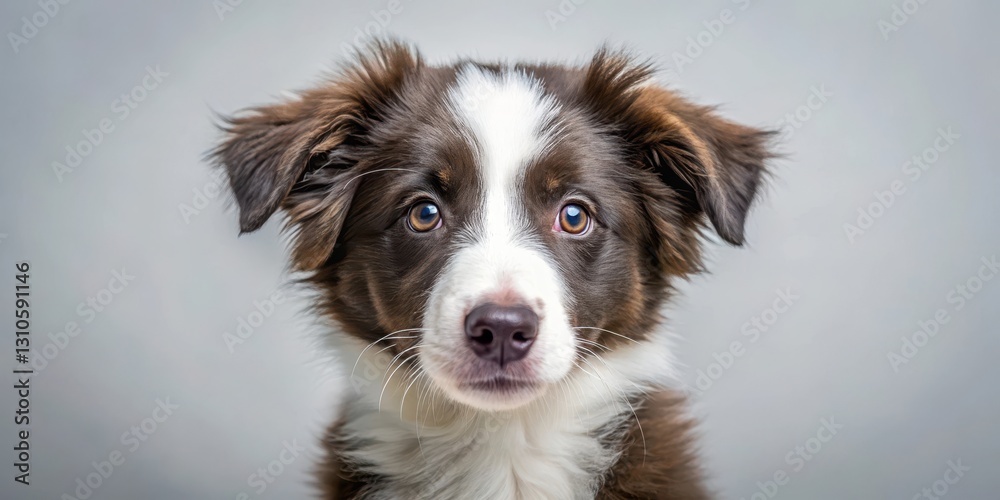 A border collie puppy with big brown eyes and a fluffy coat stares intensely at the viewer with a curious expression, showcasing its playful nature , pets, adorable animals A border collie puppy with big brown eyes and a fluffy coat stares intensely at the viewer with a curious expression, showcasing its playful nature , pets, adorable animals