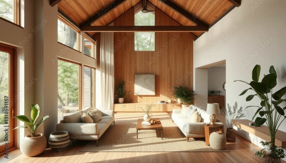 Fototapeta premium Modern Living Room Design with High Ceilings and Natural Light