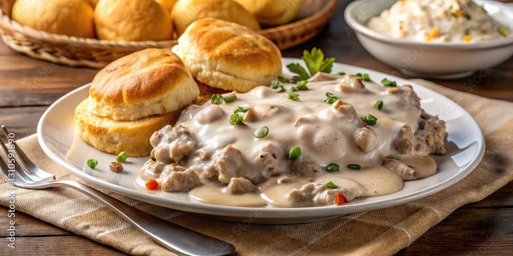 Biscuits smothered in rich sausage gravy with a side of eggs and toast, breakfast dish Biscuits smothered in rich sausage gravy with a side of eggs and toast, breakfast dish