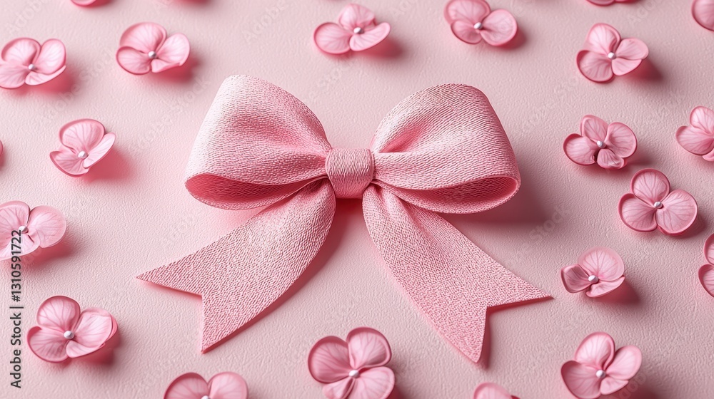 Pink Bow, Floral Background, Flat Lay Pink Bow, Floral Background, Flat Lay