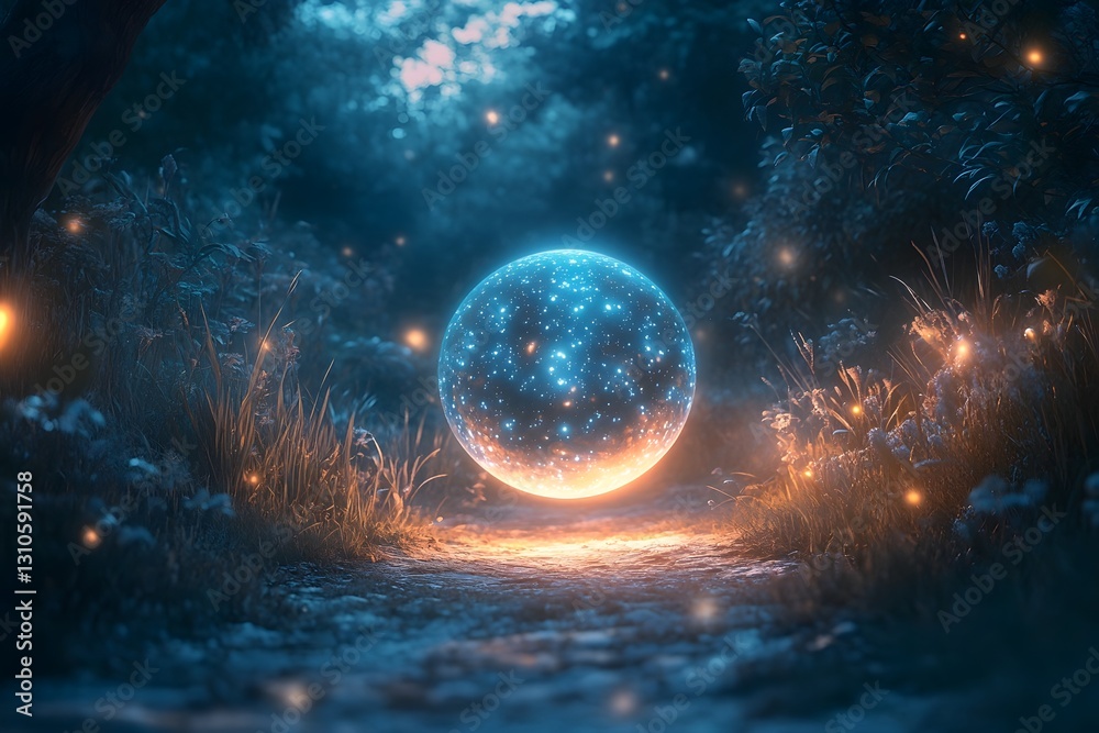 Obraz premium Glowing Magical Orb in Enchanting Fantasy Forest Landscape with Ethereal Lights