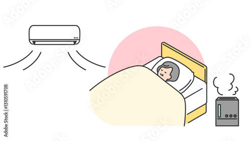 睡眠：加湿・空調付きでベッドで眠るシニア女性