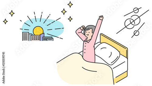 睡眠：朝、ベッドで目覚めるシニア女性