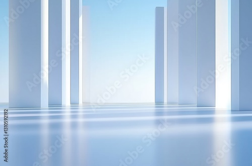 Serene Minimalist Architecture with Tall White Columns Reflecting Soft Blue Light