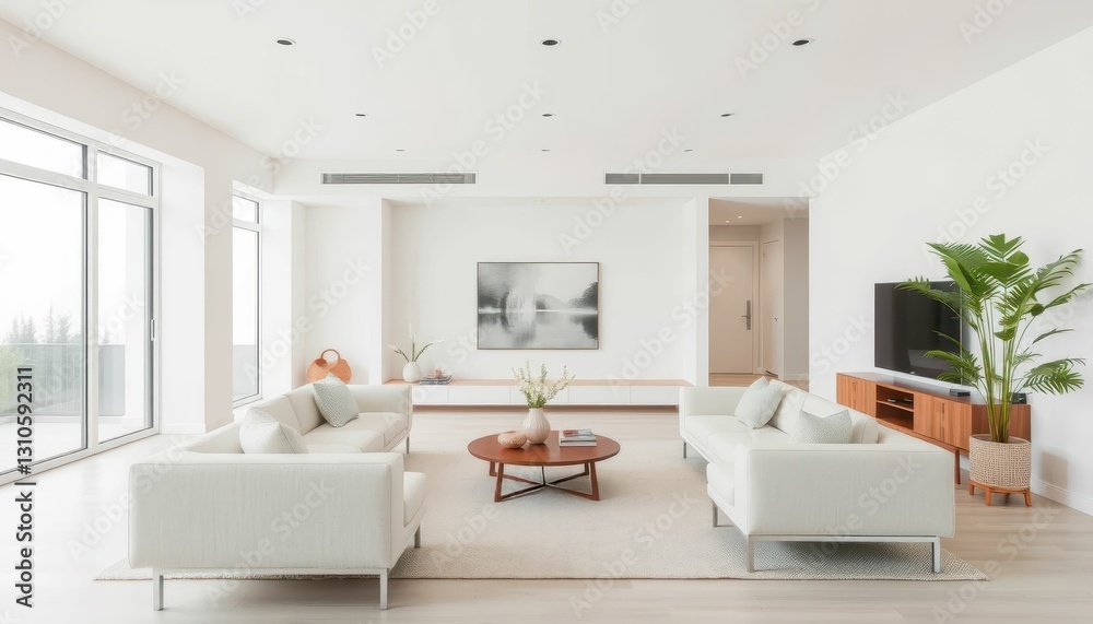 Fototapeta premium Modern Minimalist Living Room with Bright Natural Light and Art
