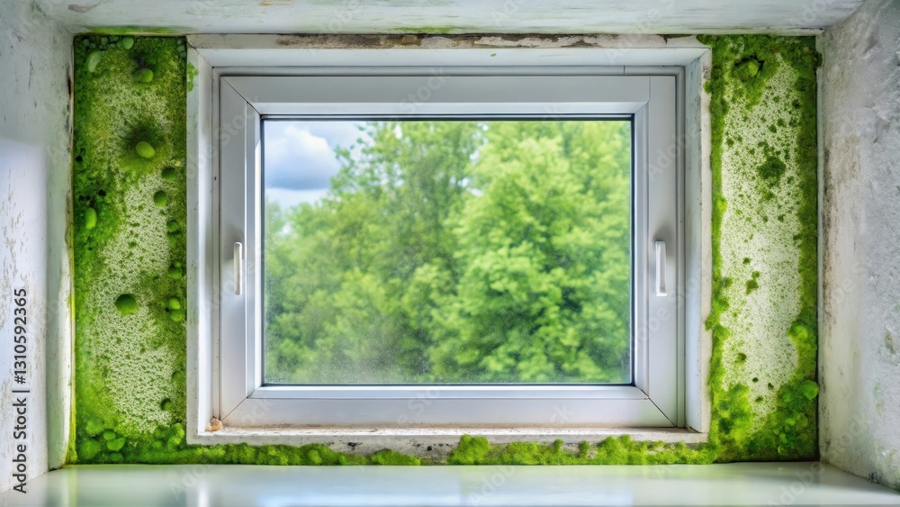 Obraz premium Moldy Plastic Window Frame, green mold, sink, green mold, sink, discoloration, grime, kitchen, dampness, bathroom, peeling